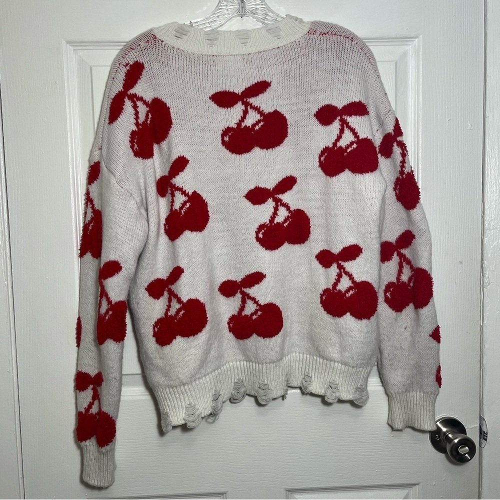 ALTAR’D STATE Cherry Print White V-Neck Distressed Sherpa Sweater | size small - Picture 8 of 10